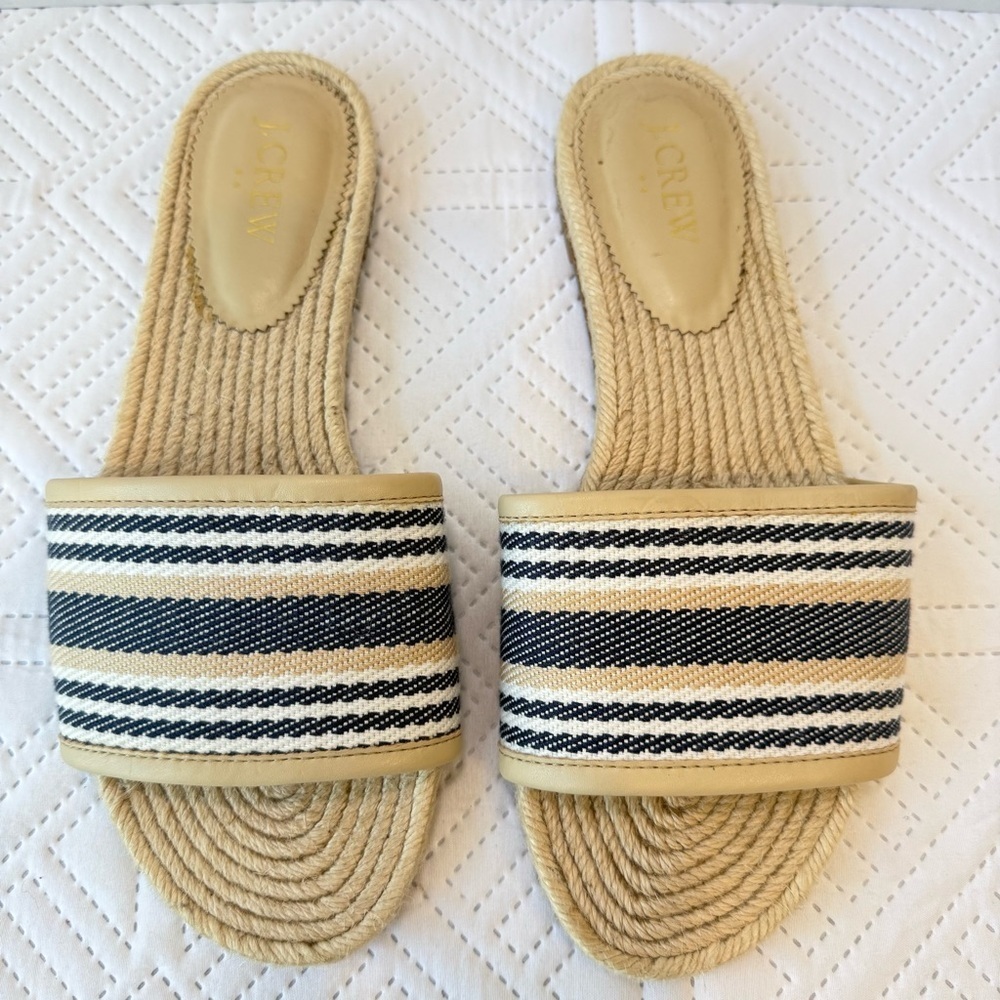 J. Crew Beige And Blue Striped Espadrille Slides Size 8
